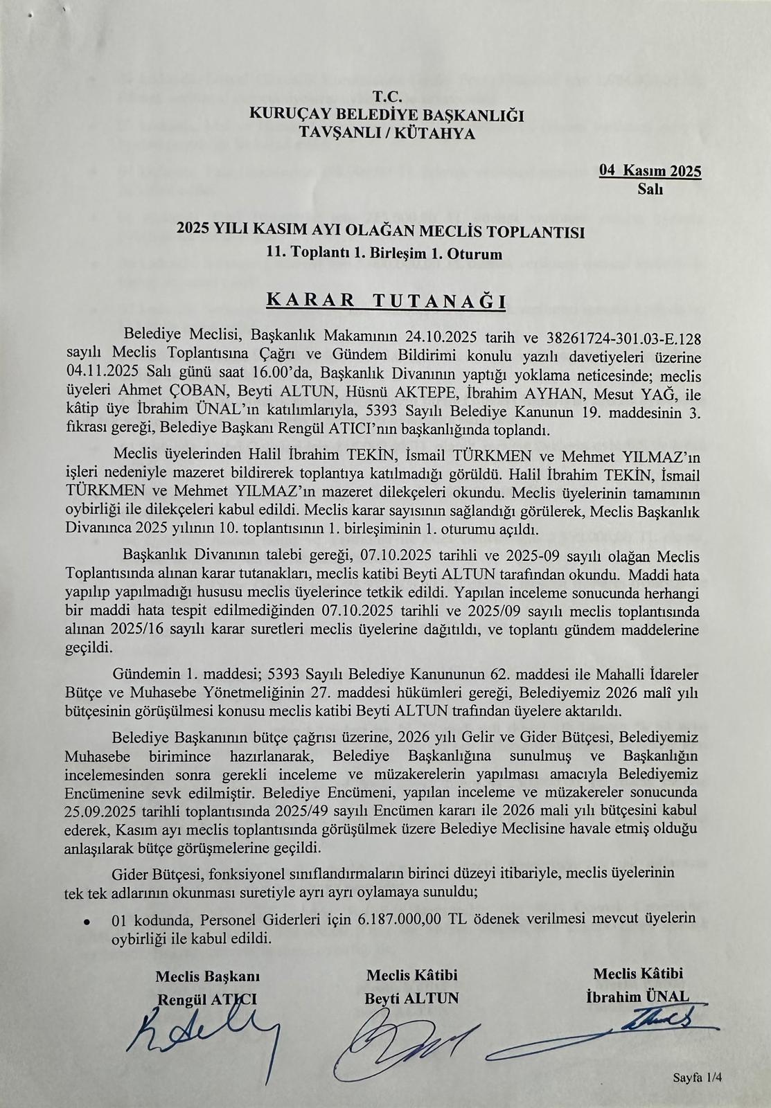 2025 Yılı Kasım Ayı Meclis Toplantısına Ait  Gündem Kararları