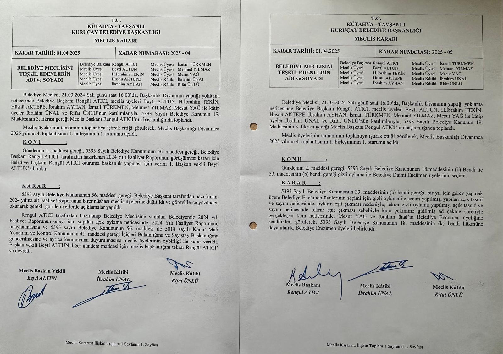 2025 Yılı Nisan Ayı Meclis Toplantısına Ait  Gündem Kararları